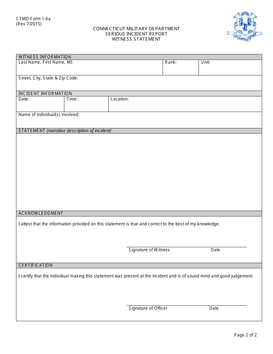 CTMD Form 1-6A Serious Incident Report Witness Statement - Connecticut, Page 2
