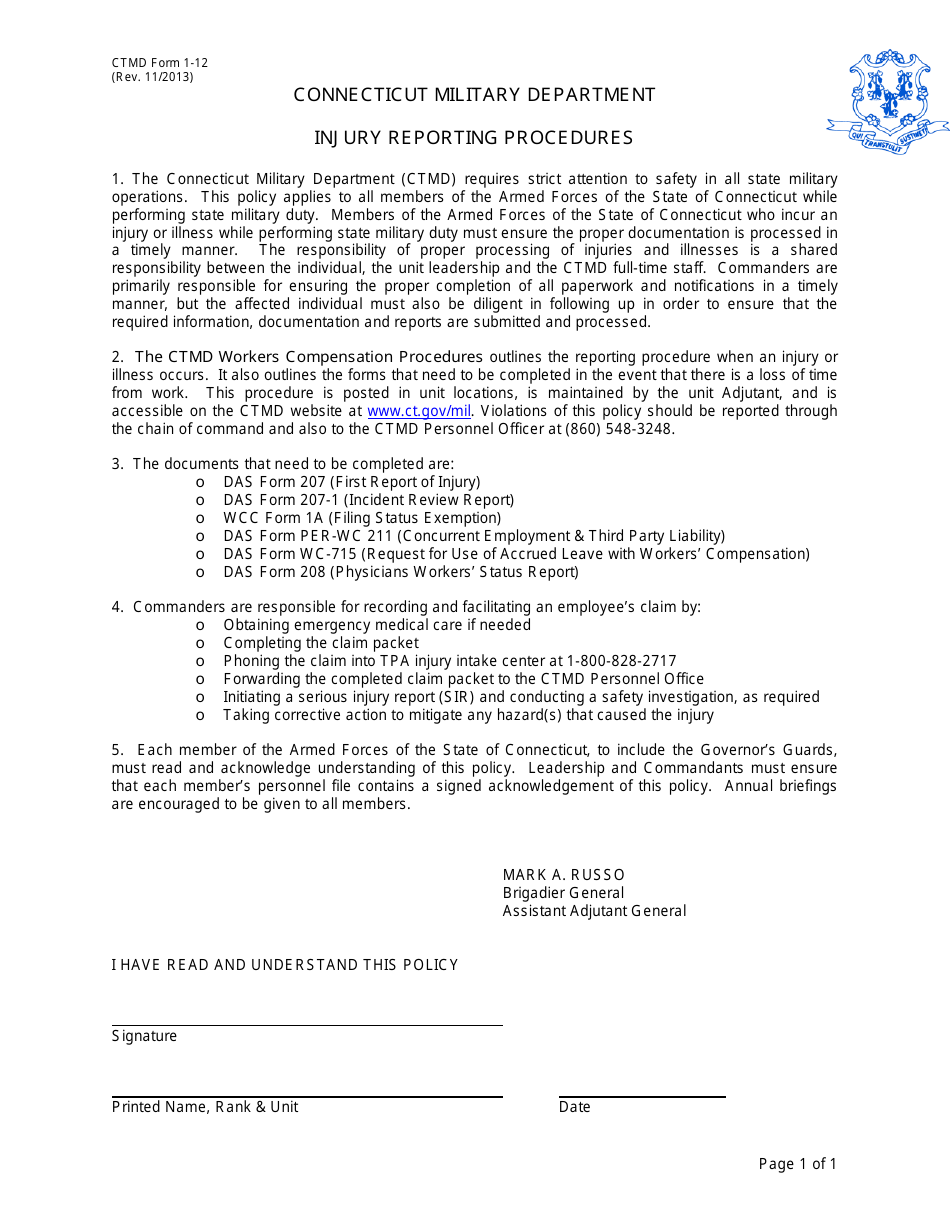 CTMD Form 1-12 Injury Reporting Procedures - Connecticut, Page 1