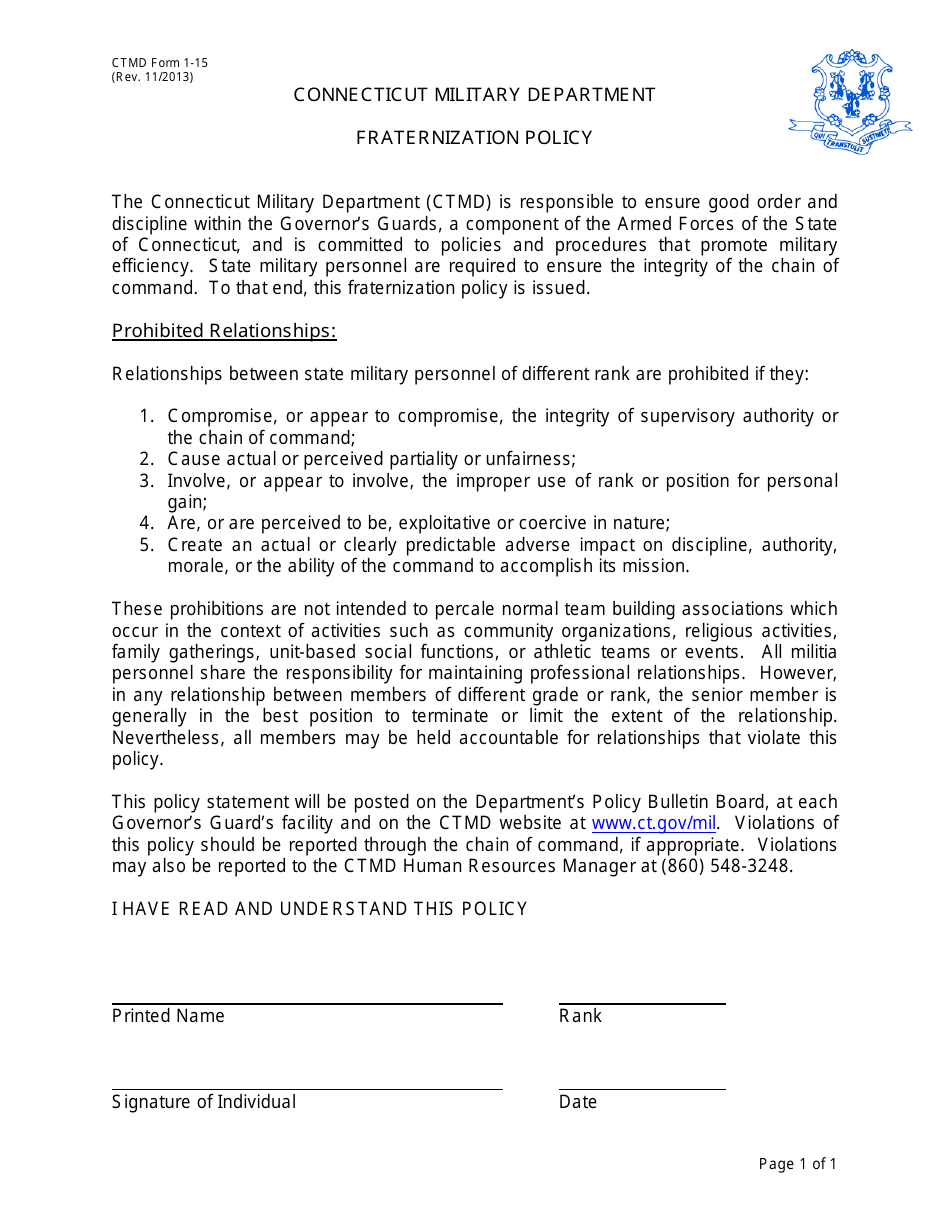 CTMD Form 1-15 Fraternization Policy - Connecticut, Page 1
