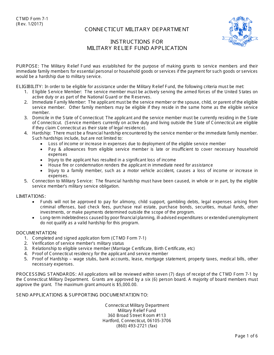 CTMD Form 7-1 Military Relief Fund Application - Connecticut, Page 1