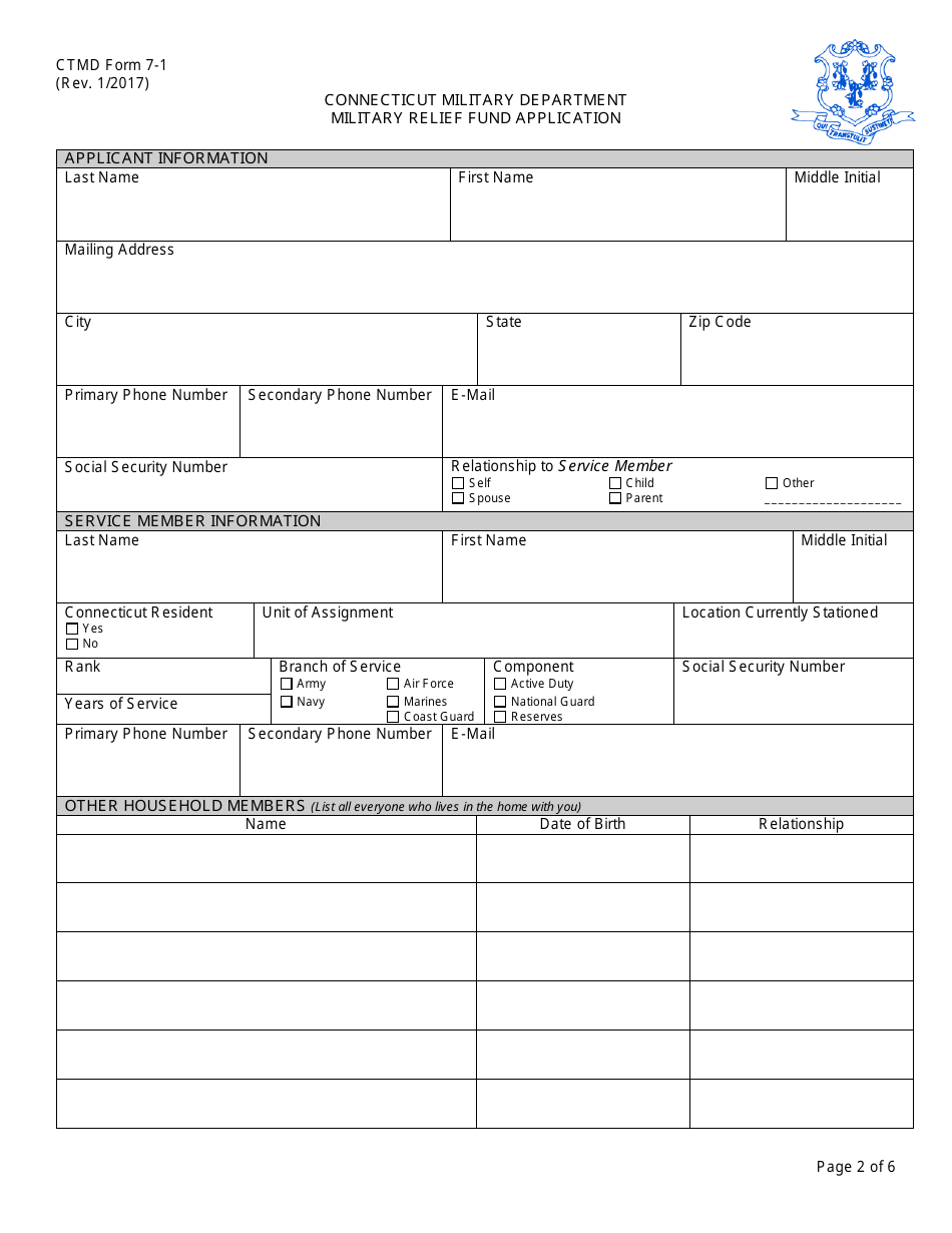 CTMD Form 7-1 Military Relief Fund Application - Connecticut, Page 2
