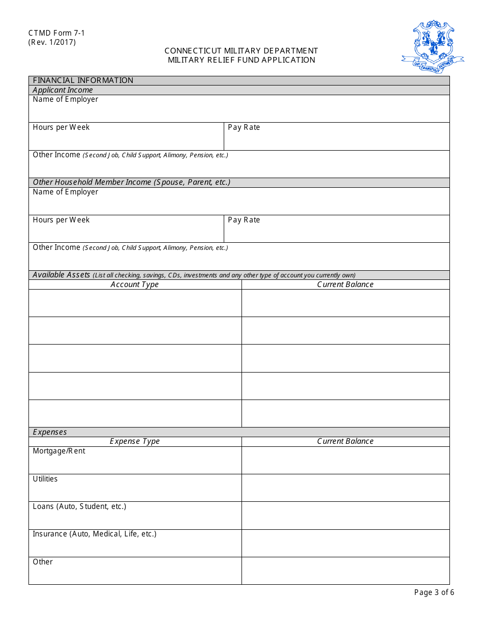 CTMD Form 7-1 Military Relief Fund Application - Connecticut, Page 3