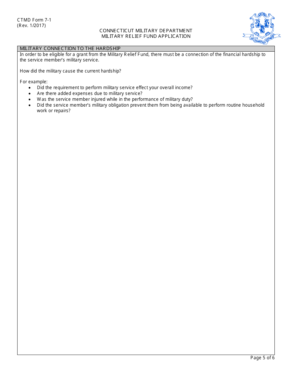 CTMD Form 7-1 Military Relief Fund Application - Connecticut, Page 5
