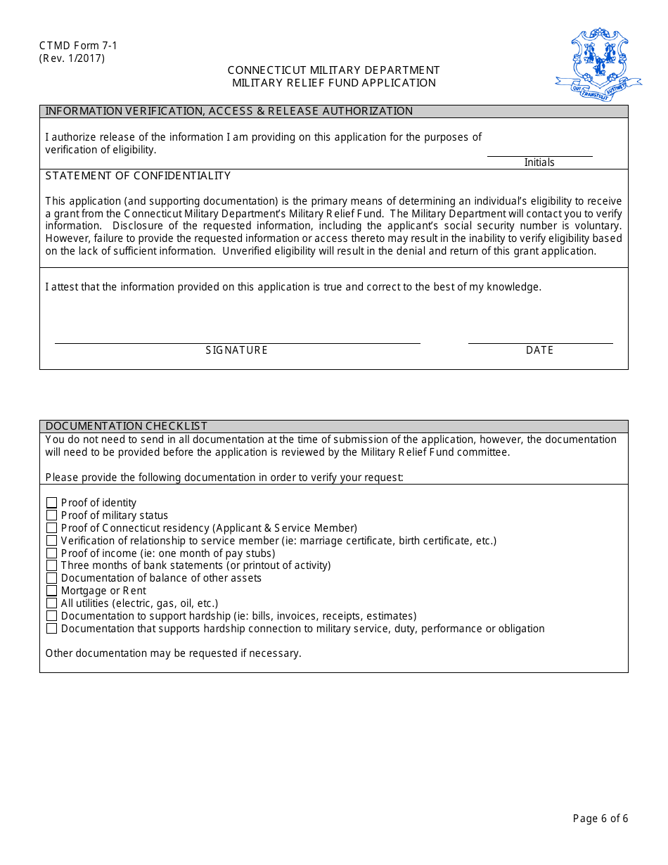 CTMD Form 7-1 Military Relief Fund Application - Connecticut, Page 6