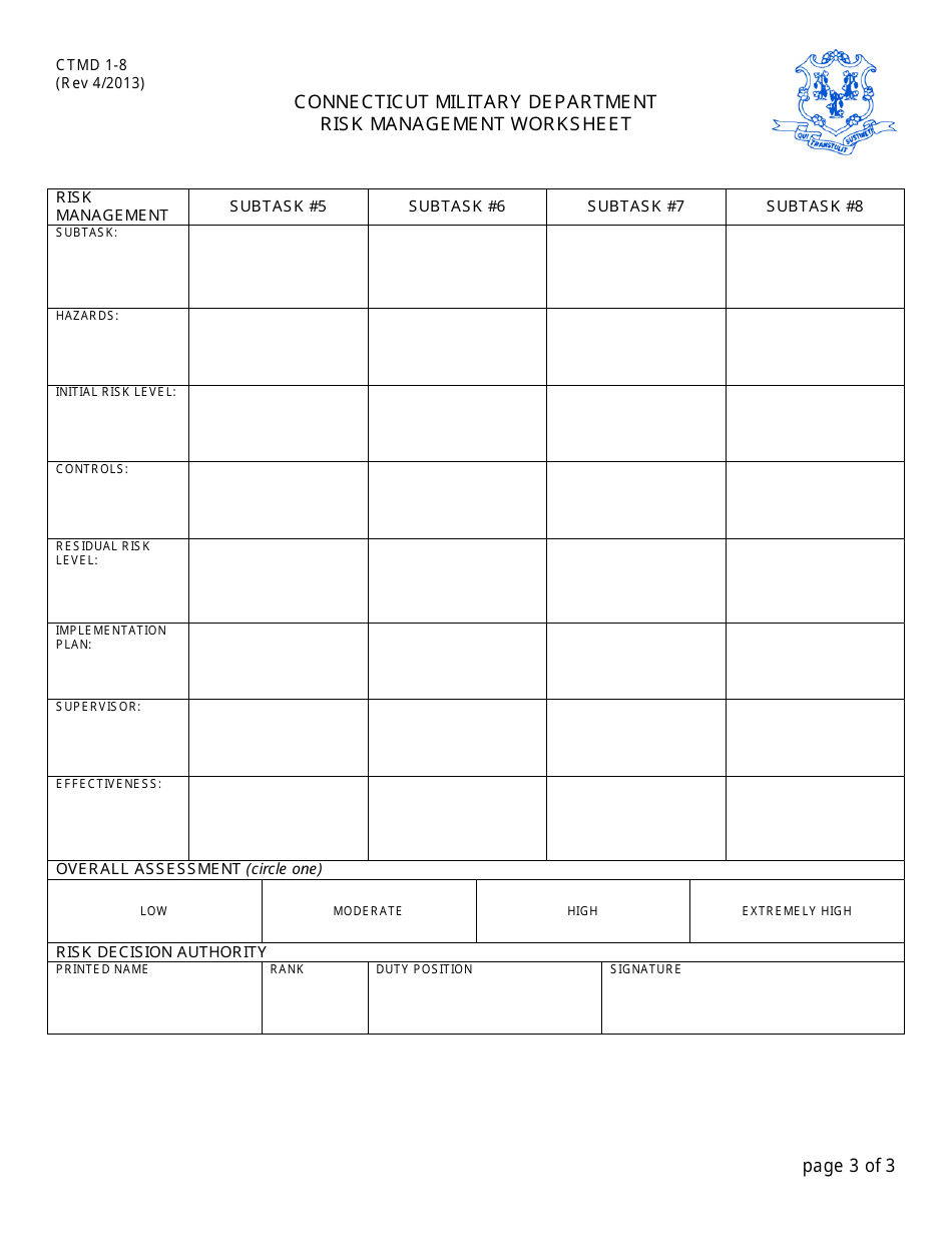 CTMD Form 1-8 Risk Management Worksheet - Connecticut, Page 3