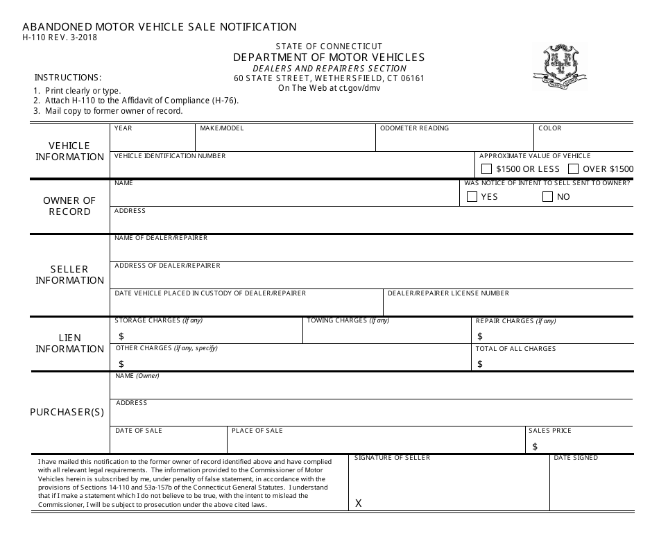 Form H-110 Abandoned Motor Vehicle Sale Notification - Connecticut, Page 1