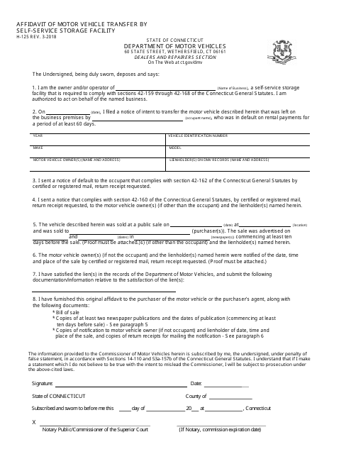 Form H-125 Affidavit of Motor Vehicle Transfer by Self-service Storage Facility - Connecticut