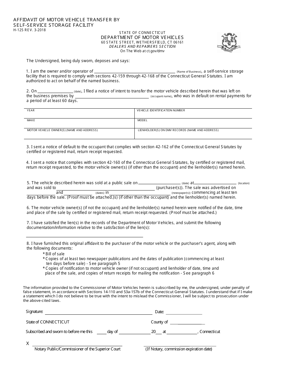 Form H-125 Affidavit of Motor Vehicle Transfer by Self-service Storage Facility - Connecticut, Page 1