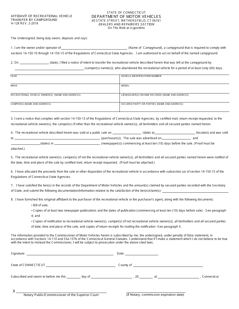 Form H-128 Affidavit of Recreational Vehicle Transfer by Campground - Connecticut, Page 1
