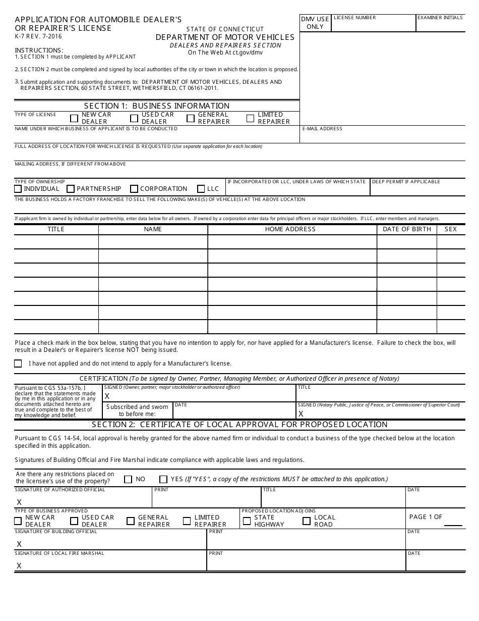 Form K-7 Application for Automobile Dealers or Repairers License - Connecticut, Page 1