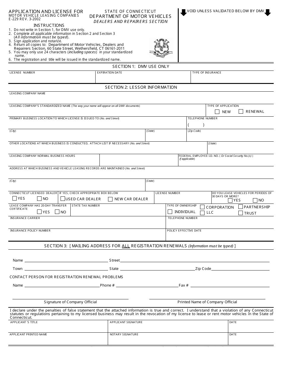 Form E-229 Application and License for Motor Vehicle Leasing Companies - Connecticut, Page 1