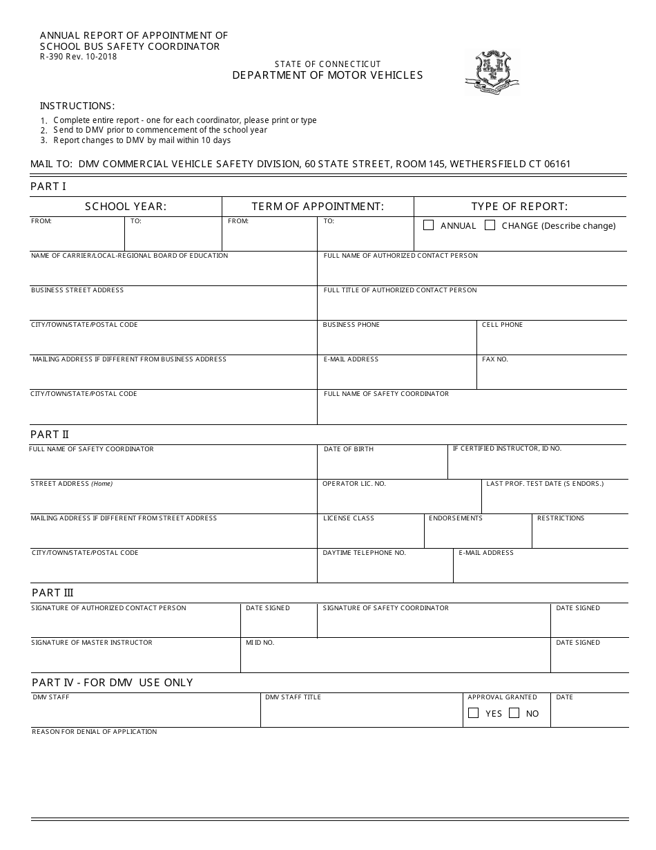 Form R-390 Annual Report of Appointment of School Bus Safety Coordinator - Connecticut, Page 1