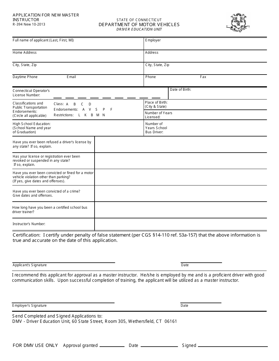 Form R-394 Application for New Master Instructor - Connecticut, Page 1