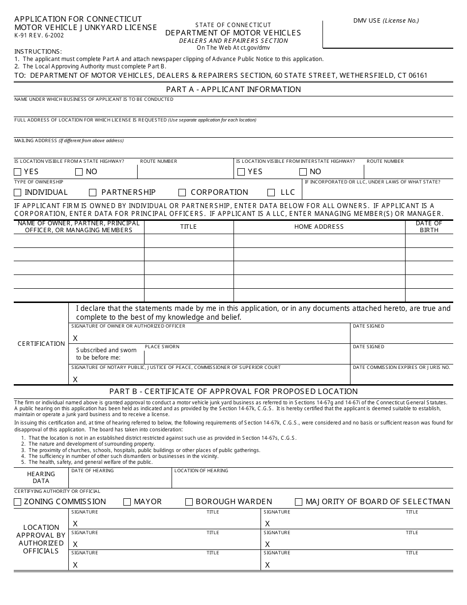 Form K-91 Application for Connecticut Motor Vehicle Junkyard License - Connecticut, Page 1