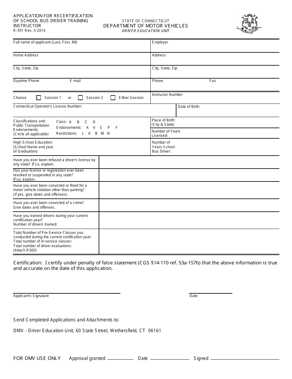 Form R-391 Application for Recertification of School Bus Driver Training Instructor - Connecticut, Page 1