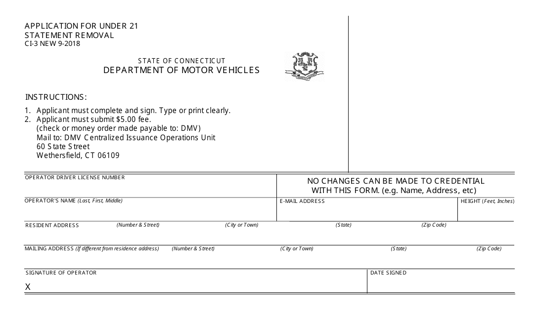 Form CI-3 Application for Under 21 Statement Removal - Connecticut