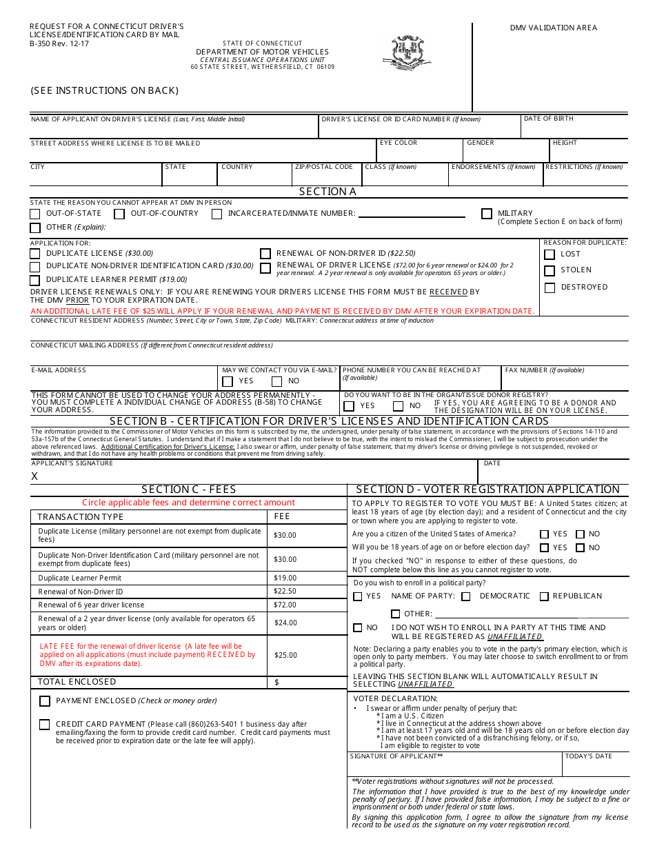 Form B-350 Request for a Connecticut Drivers License / Identification Card by Mail - Connecticut, Page 1