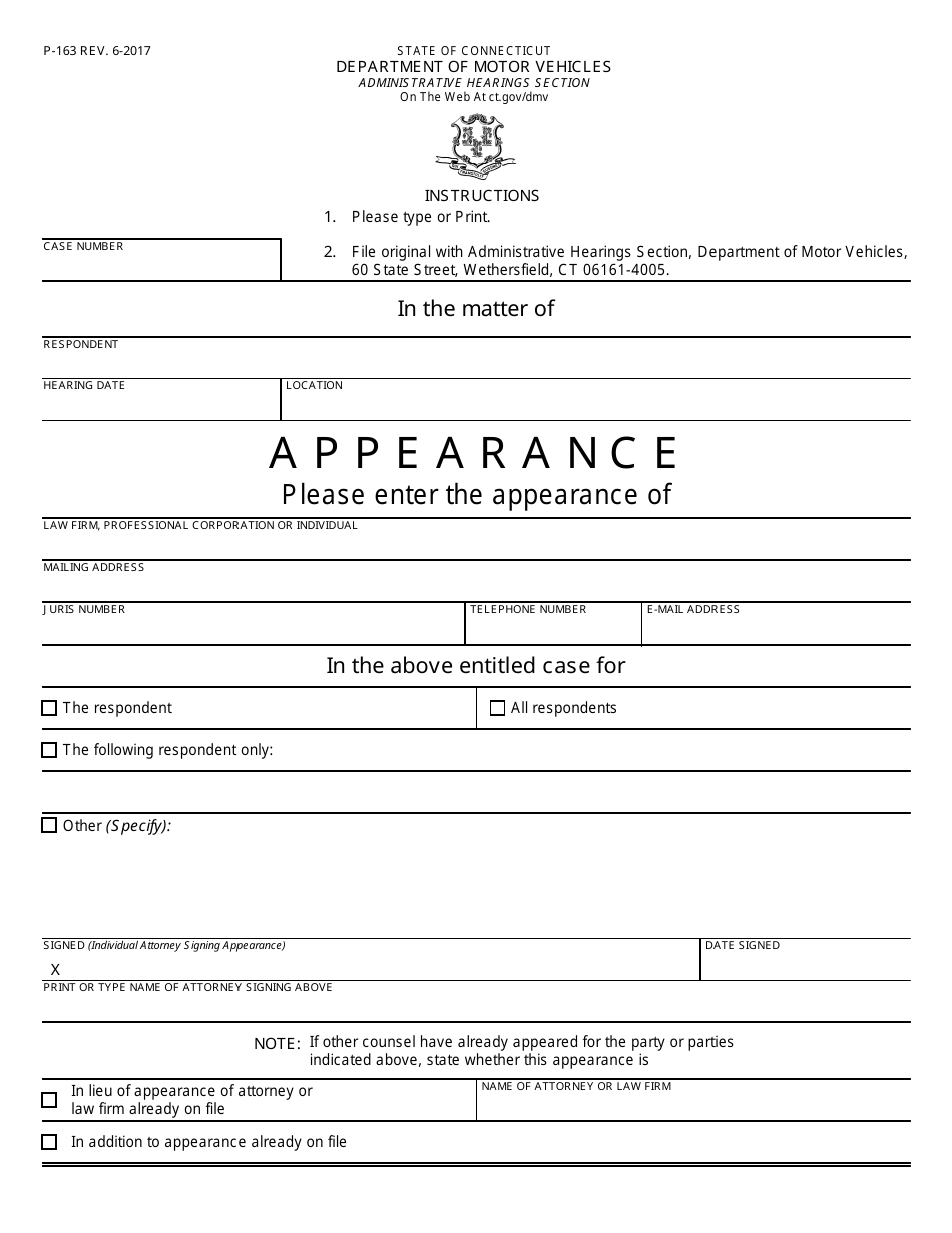 Form P-163 Attorney Appearance Sheet - Connecticut, Page 1