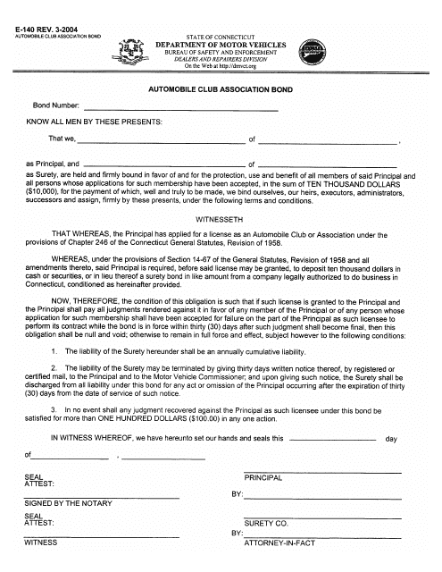 Form E-140 Automobile Club Association Bond - Connecticut