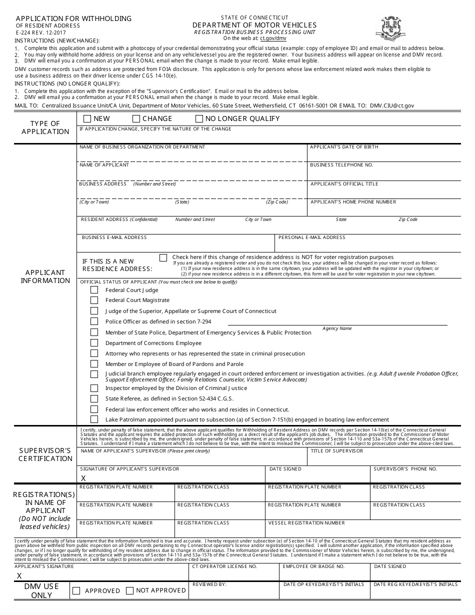 Form E-224 Application for Withholding of Resident Address - Connecticut, Page 1