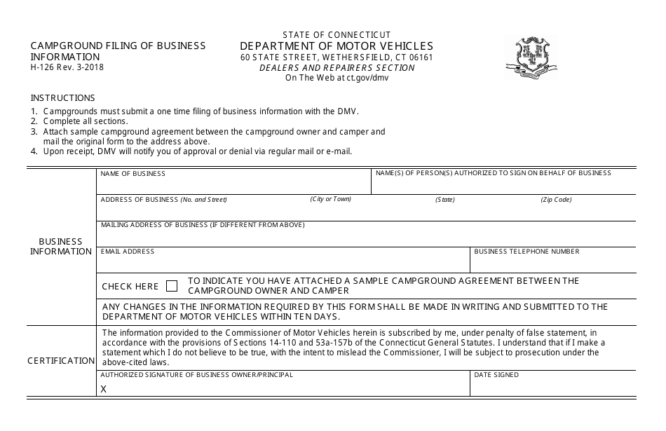 Form H-126 Campground Filing of Business - Connecticut, Page 1