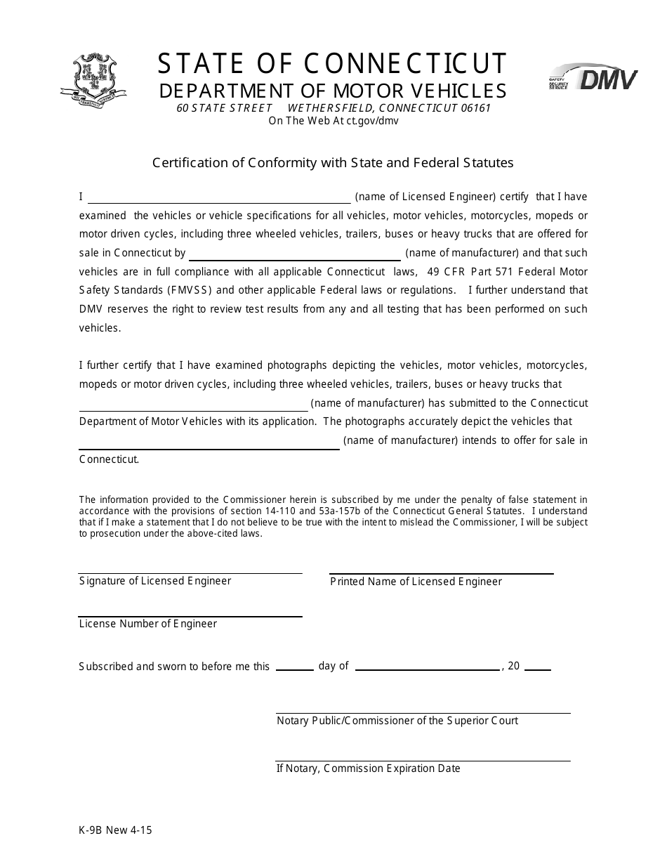 Form K-9B Certification of Conformity With State and Federal Statutes - Connecticut, Page 1