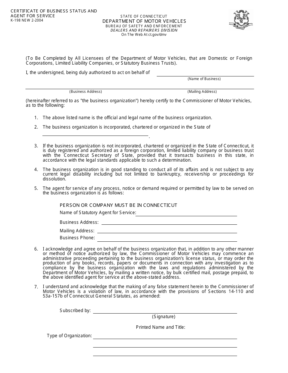 Form K-198 Certificate of Business Status and Agent for Service - Connecticut, Page 1