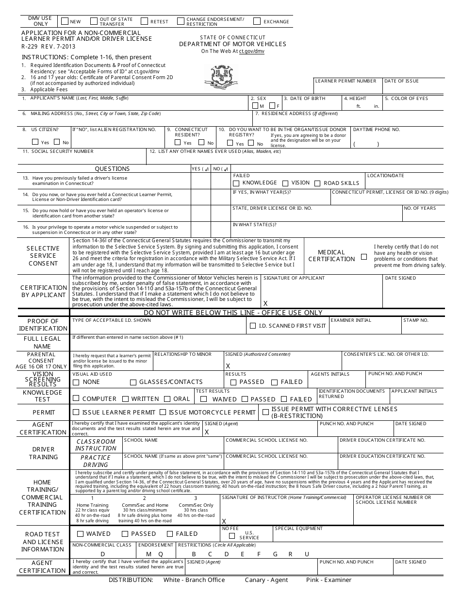 Form R-229 Application for a Non-commercial Learner Permit and / or Driver License - Connecticut, Page 1