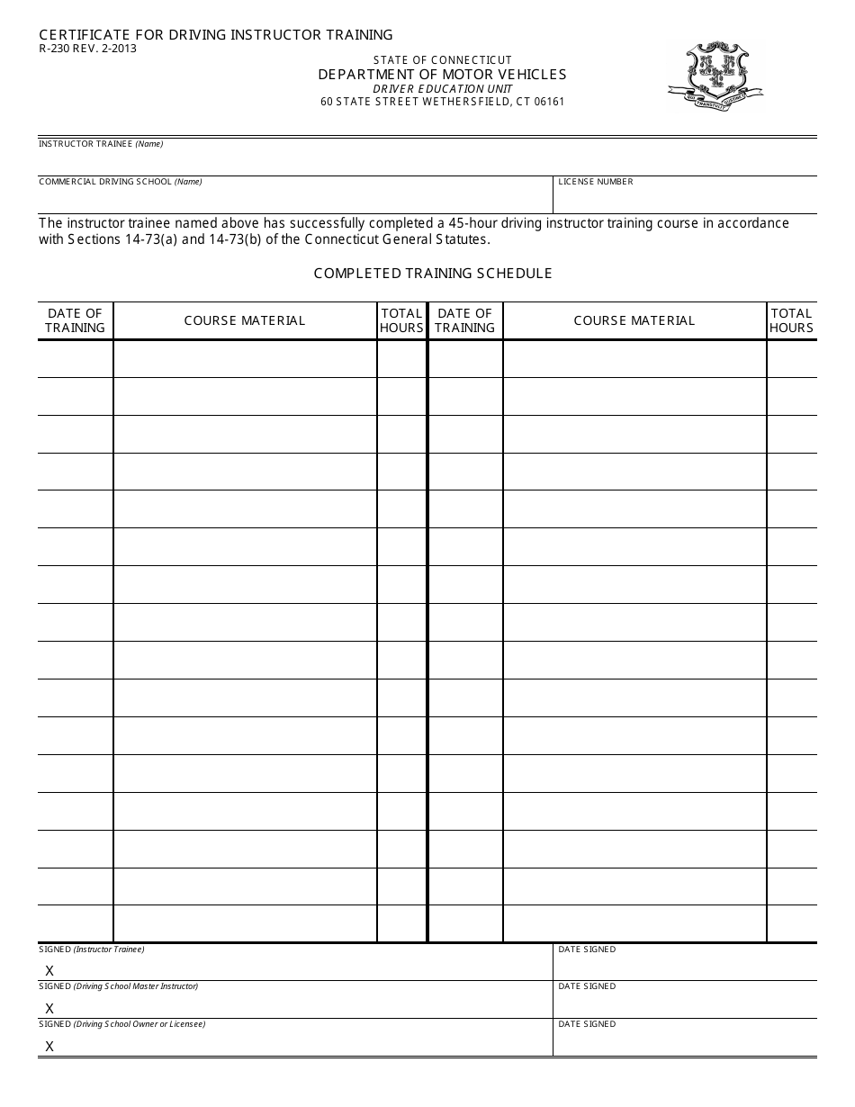 Form R-230 Certificate for Driving Instructor Training - Connecticut, Page 1