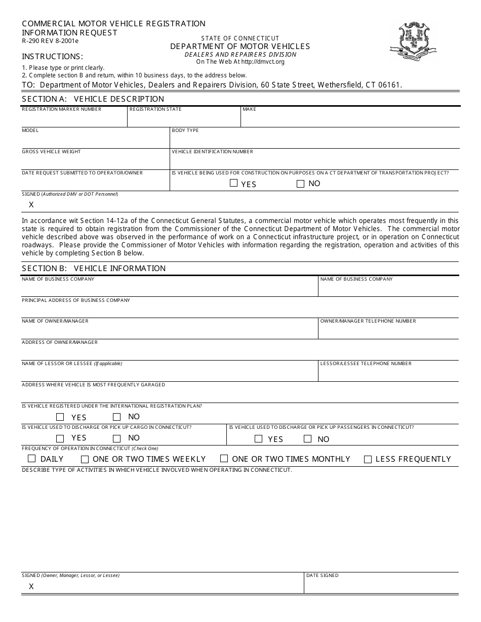 Form R-290 Commercial Motor Vehicle Registration Information Request - Connecticut, Page 1