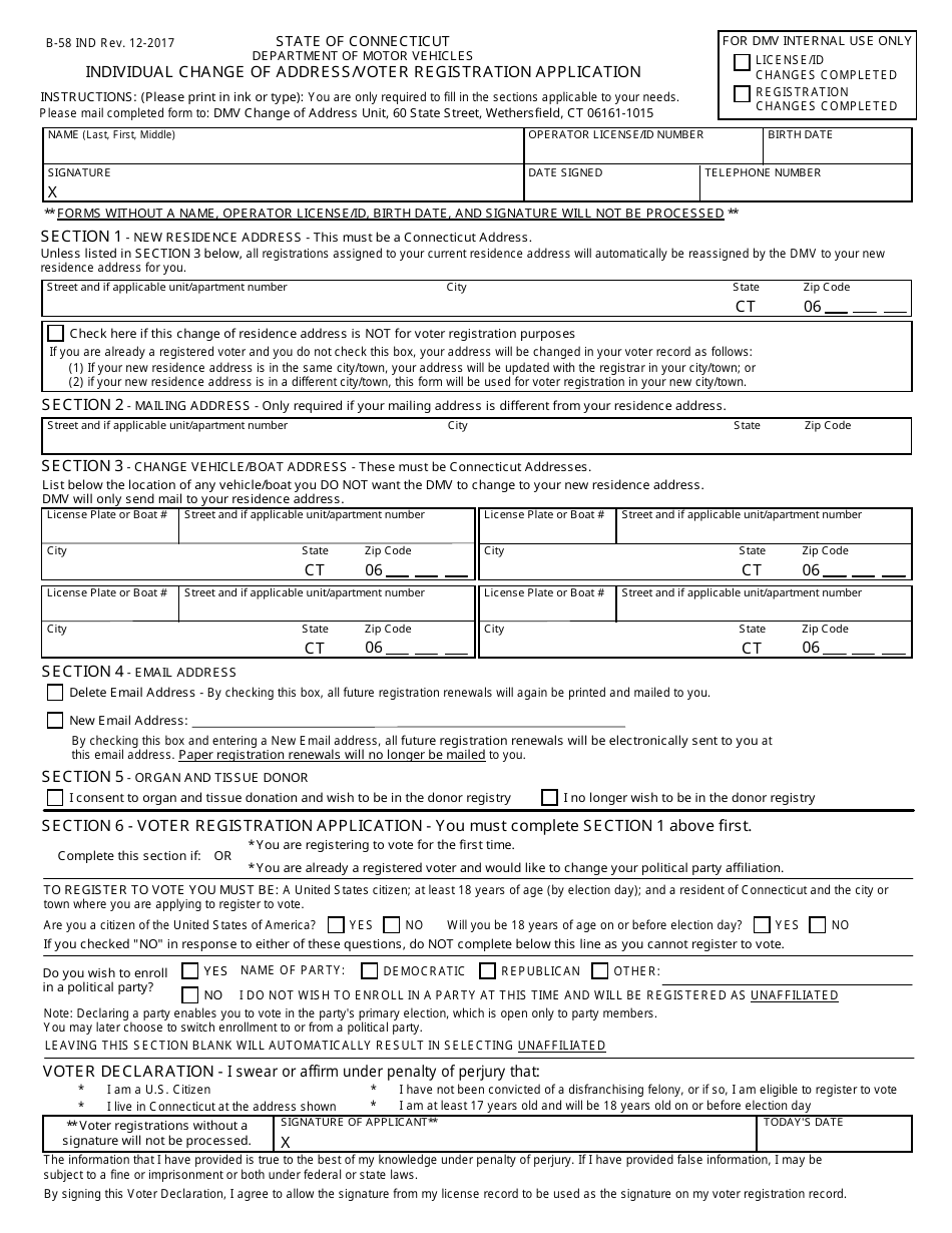Form B-58 IND Individual Change of Address / Voter Registration Application - Connecticut, Page 1