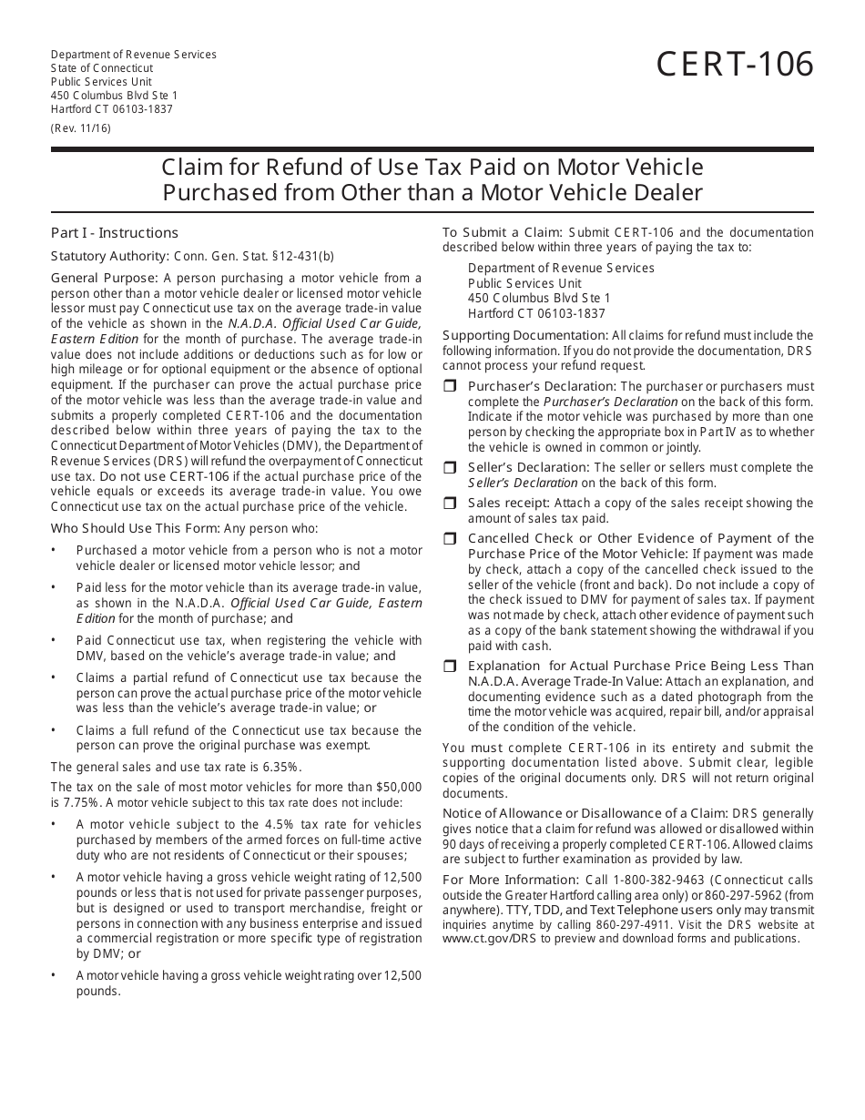 Form CERT-106 Claim for Refund of Use Tax Paid on Motor Vehicle Purchased From Other Than a Motor Vehicle Dealer - Connecticut, Page 1