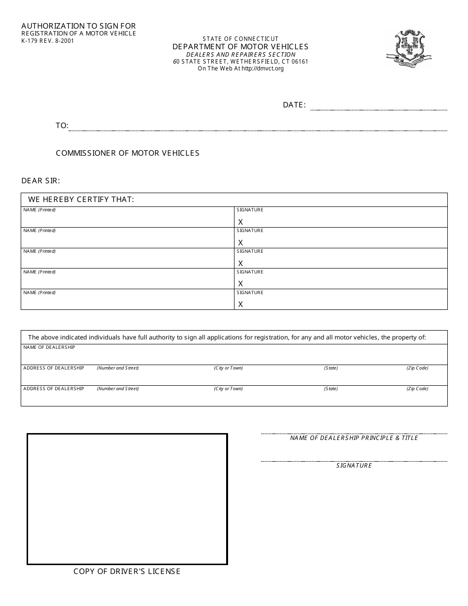 Form K-179 Authorization to Sign for Registration of a Motor Vehicle - Connecticut, Page 1