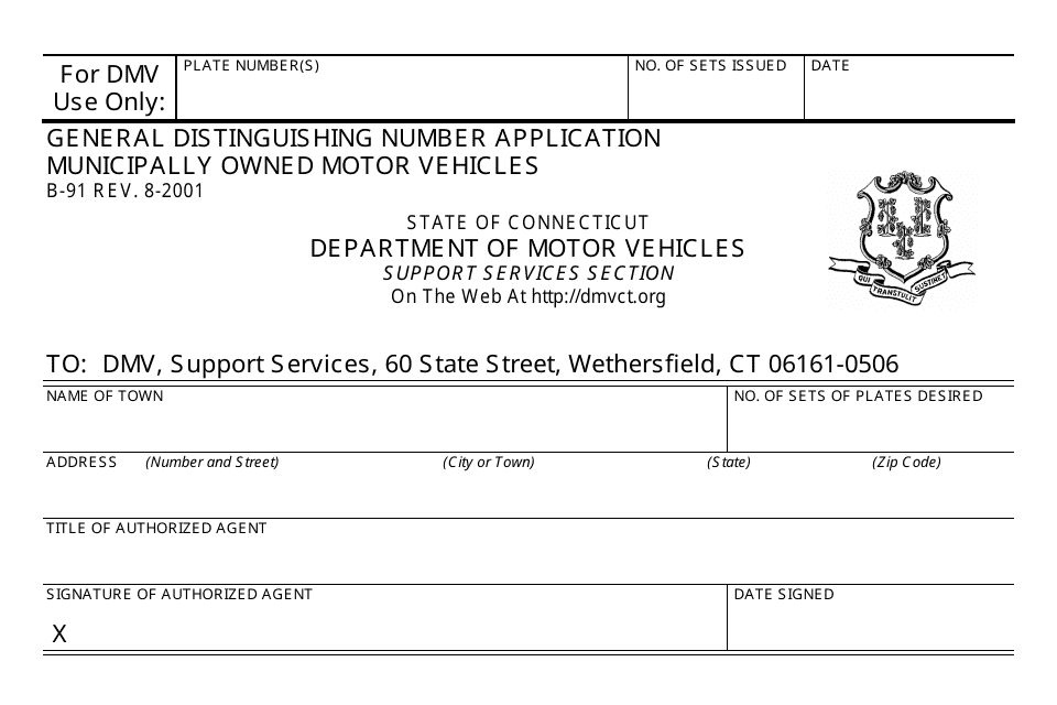 Form B-91 General Distinguishing Number Application Municipally Owned Motor Vehicles - Connecticut