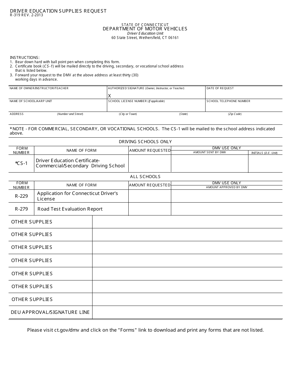 Form R-319 Driver Education Supplies Request - Connecticut, Page 1