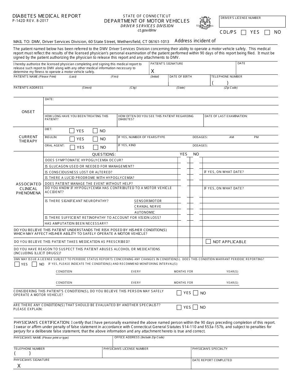 Form P-142D Diabetes Medical Report - Connecticut, Page 1
