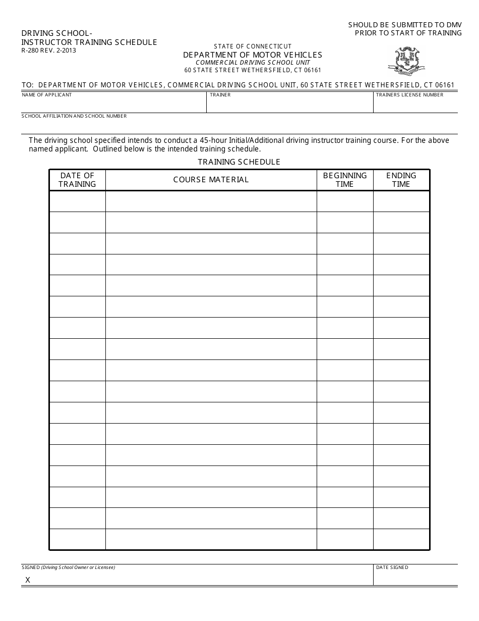 Form R-280 Driving School - Instructor Training Schedule - Connecticut, Page 1