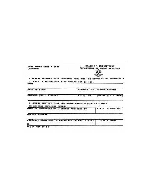 Form B-214 Impairment Certificate (Hearing) - Connecticut