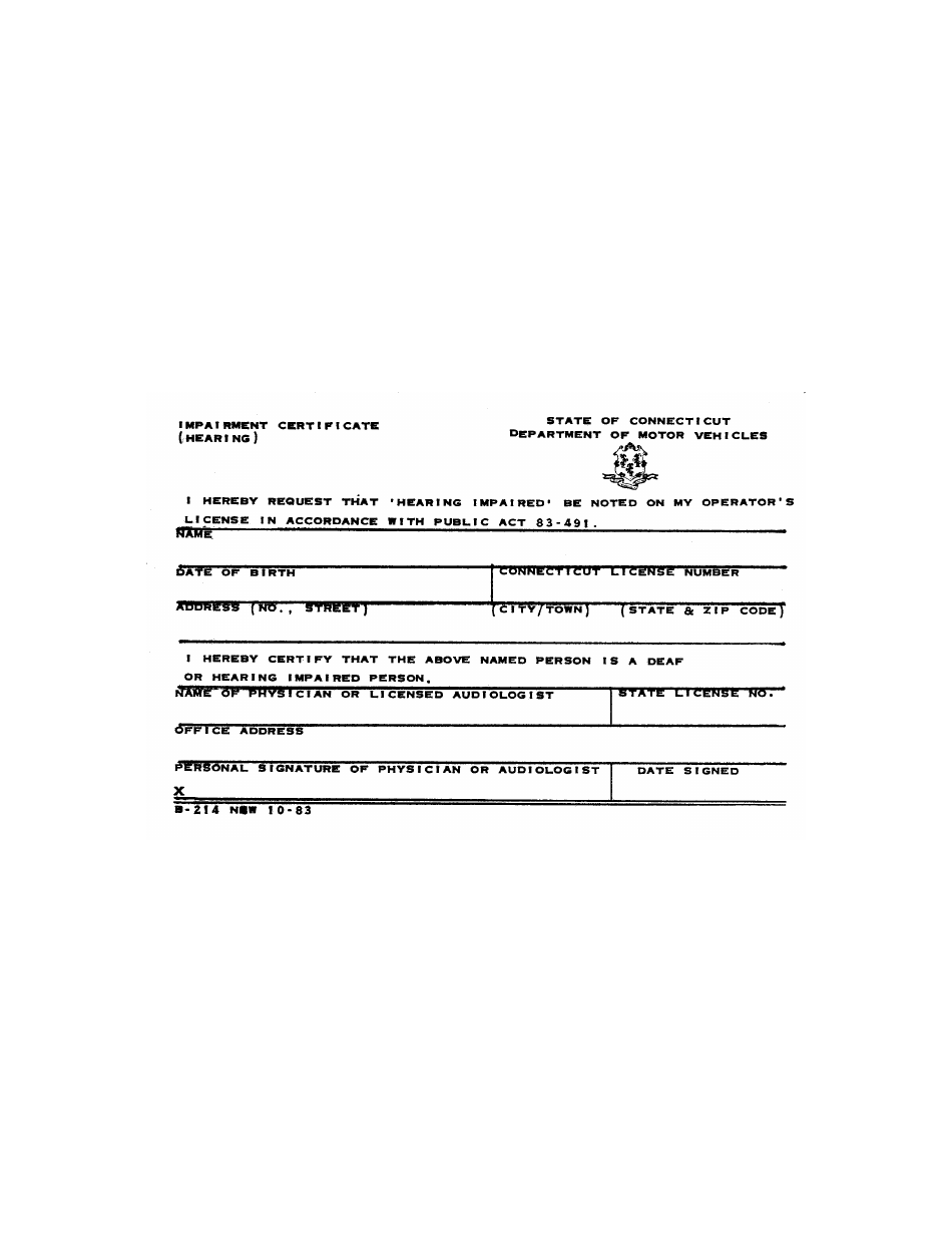Form B-214 Impairment Certificate (Hearing) - Connecticut, Page 1