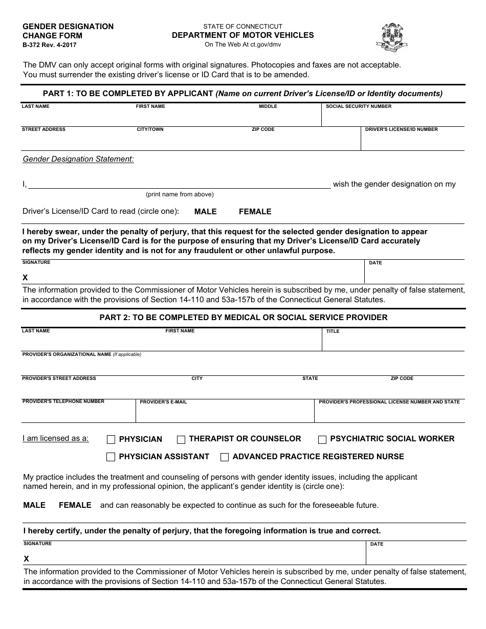Form B-372 Gender Designation Change Form - Connecticut, Page 1