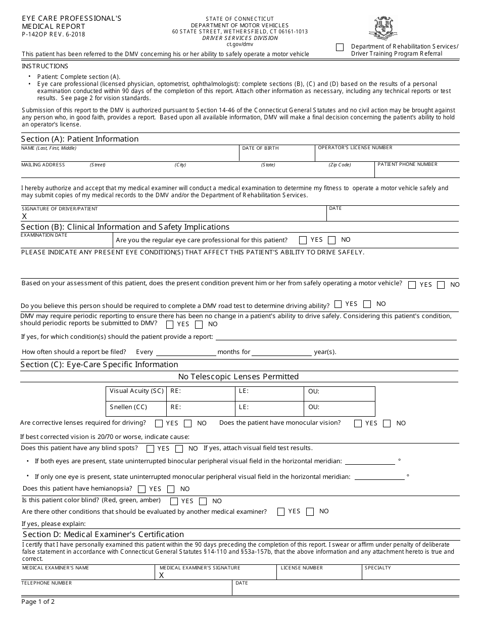 Form P-142OP Eye Care Professionals Medical Report - Connecticut, Page 1