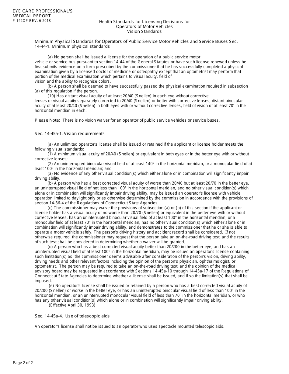 Form P-142OP Eye Care Professionals Medical Report - Connecticut, Page 2