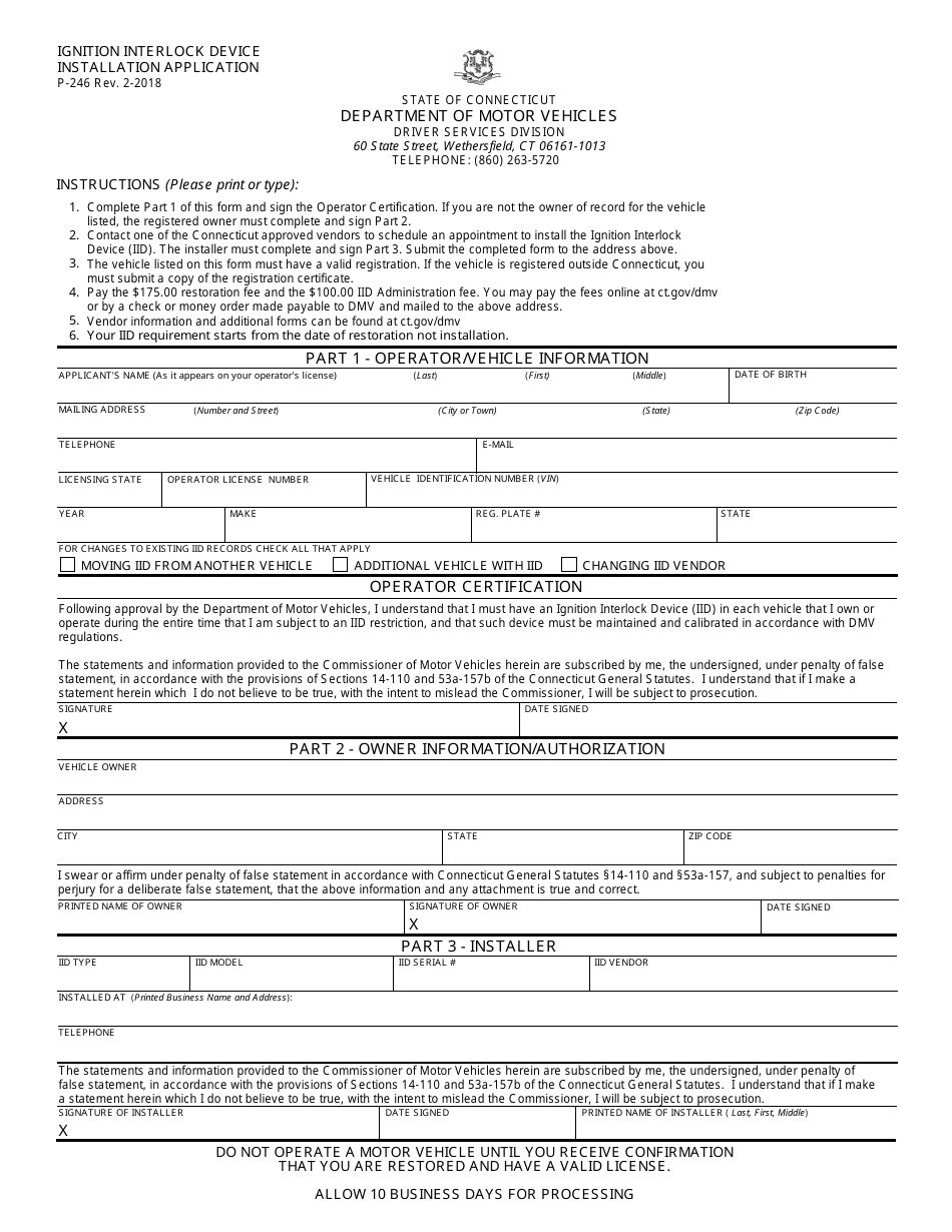 Form P-246 Ignition Interlock Device - Installation Application - Connecticut, Page 1