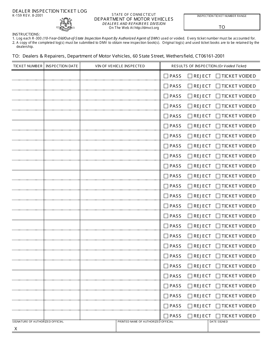 Form K-159 Dealer Inspection Ticket Log - Connecticut, Page 1