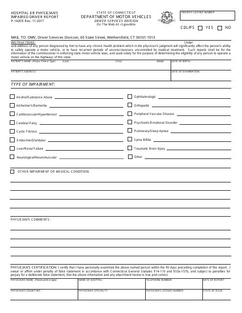 Form P-142ER Hospital Er Physician's Impaired Driver Report - Connecticut