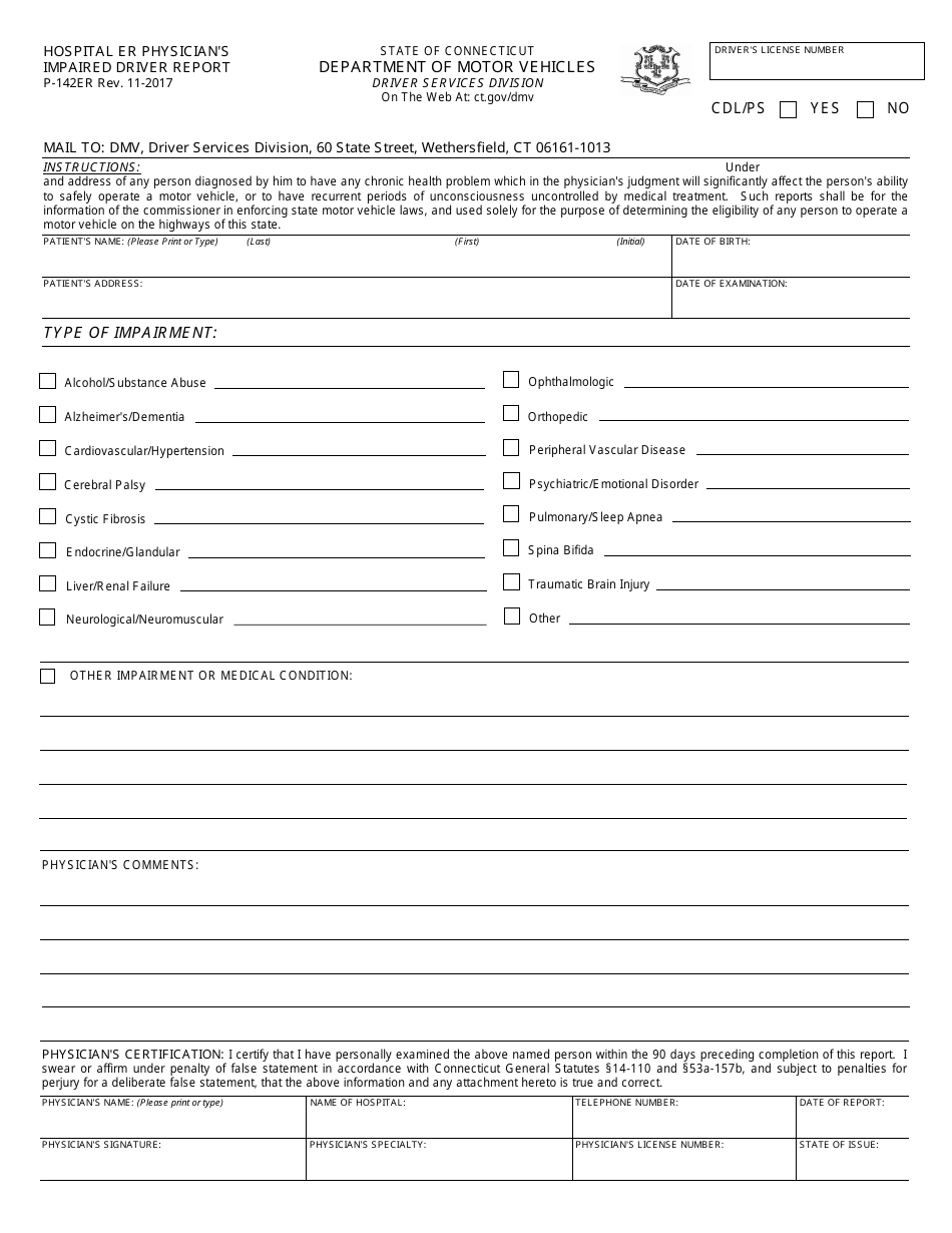 Form P-142ER Hospital Er Physicians Impaired Driver Report - Connecticut, Page 1