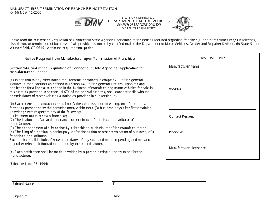 Form K-196 Manufacturer Termination of Franchise Notification - Connecticut, Page 1