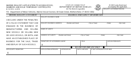 Document preview: Form B-122 Marine Dealer's Application to Assign Vessel Numbers and Issue Temporary Certificates - Connecticut