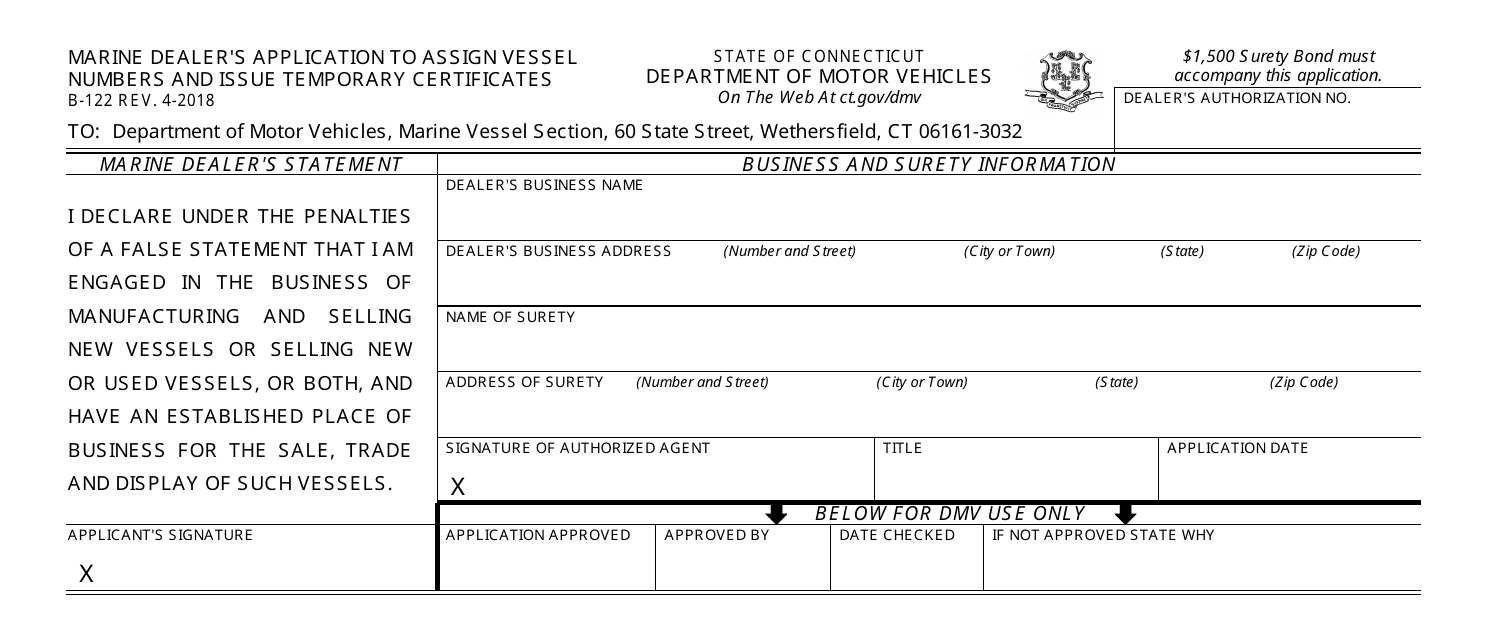 Form B-122 Marine Dealer's Application to Assign Vessel Numbers and Issue Temporary Certificates - Connecticut
