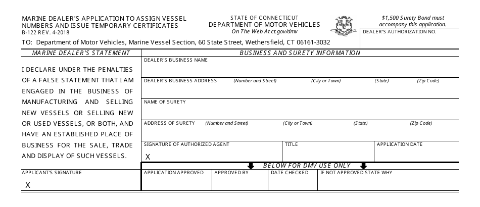 Form B-122 Marine Dealers Application to Assign Vessel Numbers and Issue Temporary Certificates - Connecticut, Page 1